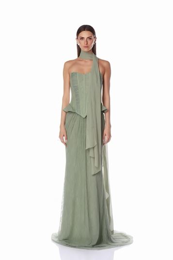 Mintgrünes  trägerloses Abendkleid aus Korsettspitze